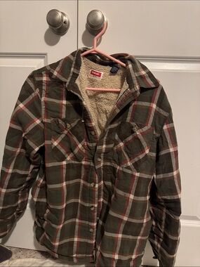 Vintage Wrangler Olive Plaid Sherpa-Lined Button-Up Jacket w Red & Cream Stripe